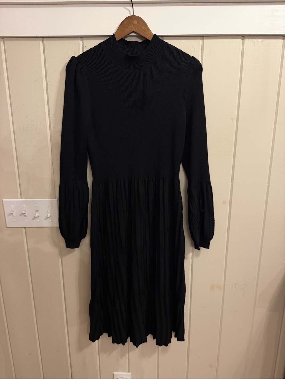 Draper James Black Long Sleeve Midi Dress with Pleated Skirt, Size Large